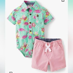 0-3m Gymboree Flamingo Button Up and Shorts Set